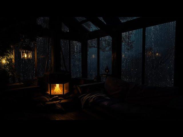 Night Rainfall and Fireplace Sounds | Cabin in the Woods with Relaxing Rain Sounds