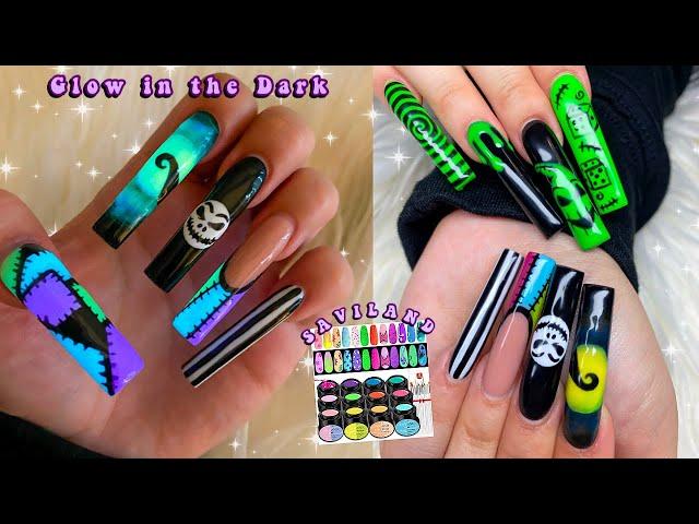 NIGHTMARE BEFORE CHRISTMAS HALLOWEEN NAILS SAVILAND GLOW IN THE DARK GEL PAINT KIT! Nail Tutorial