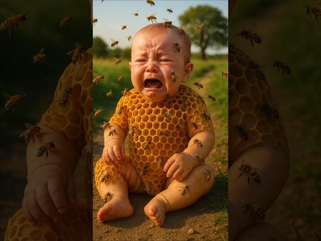 Cute baby was attacked by bees and saved by a cow  #ai #baby #cat