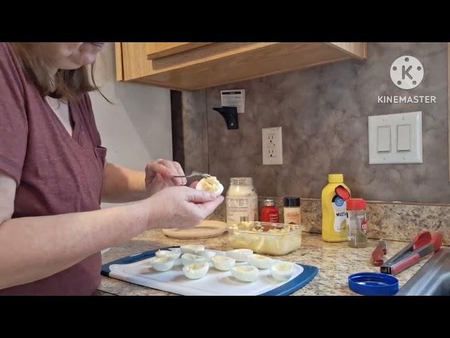 Hang out with me-making deviled eggs - heating up leftovers for lunch !