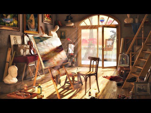 Cozy Art Studio in Paris Ambience ASMR  Painting Sounds, Relaxing Violin Music, Birds Chirping