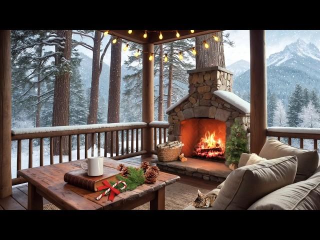 Winter Cozy Porch in Snowfall  Relaxing Fireplace and Snow Falling Ambience