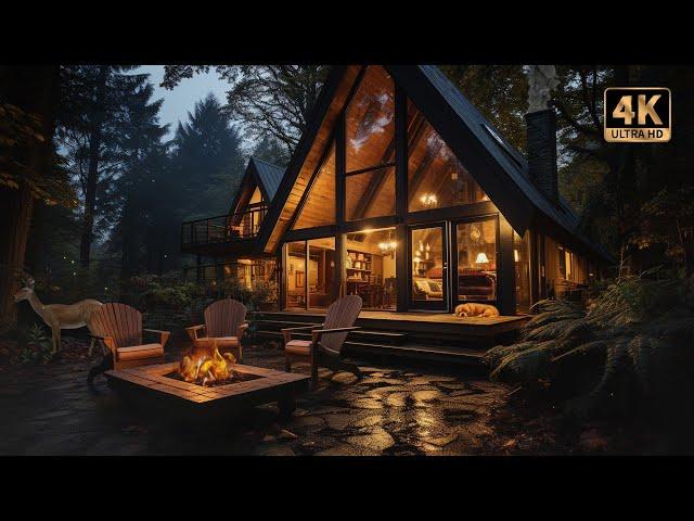 Cabin in the Woods with Crackling Campfire & Nature Ambience | 4K  