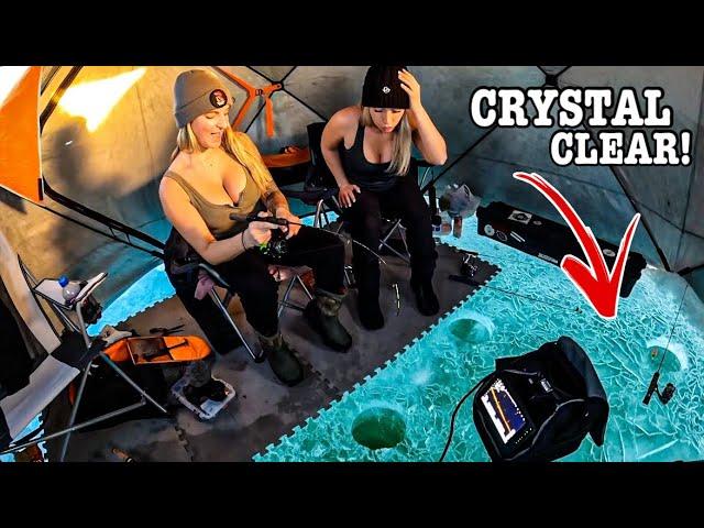 SIGHT Fishing CRYSTAL CLEAR WATER Through Small holes in The ICE!!! (Deep Clear Flats!!!)