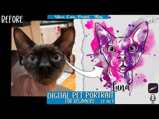 How to make a DIGITAL Pet Portrait in PROCREATE | Beginner Tutorial | Colorful Watercolor Cat | Ep 9