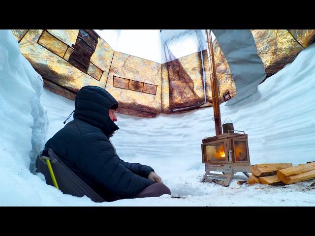 Camping in a Huge Snow Pit Covered by a Hot Tent