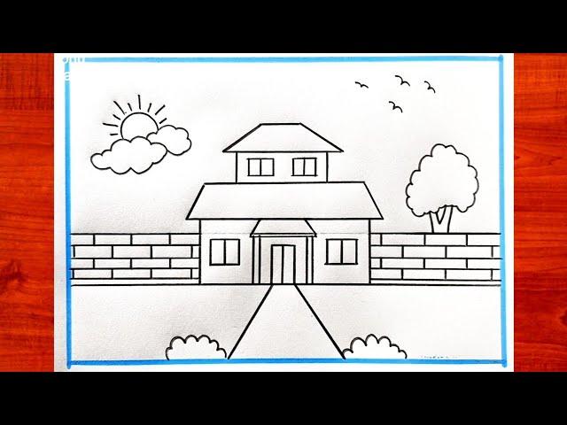 Easy House Drawing - How to Draw a 2-Storey House Picture - House Drawings with a View