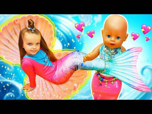 Maya and the baby doll pretend to play mermaids. Family fun stories for kids. Baby dolls videos.