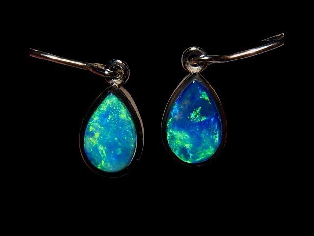 Short Drop Opal Earrings Blue Green Tear Drop 14k White Gold | FlashOpal