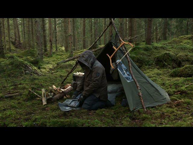 3 DAYS SOLO BUSHCRAFT - Off Grid Wild Camping, Canvas Lavvu Shelter, Hamburger from Scratch