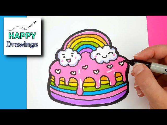 How to Draw a Rainbow Cake CUTE  - Happy Drawings