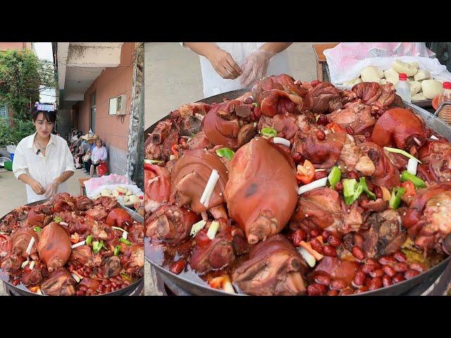 A Chinese Guy Cook Free Huge Pork Street Food for the elders on the Street in a Village