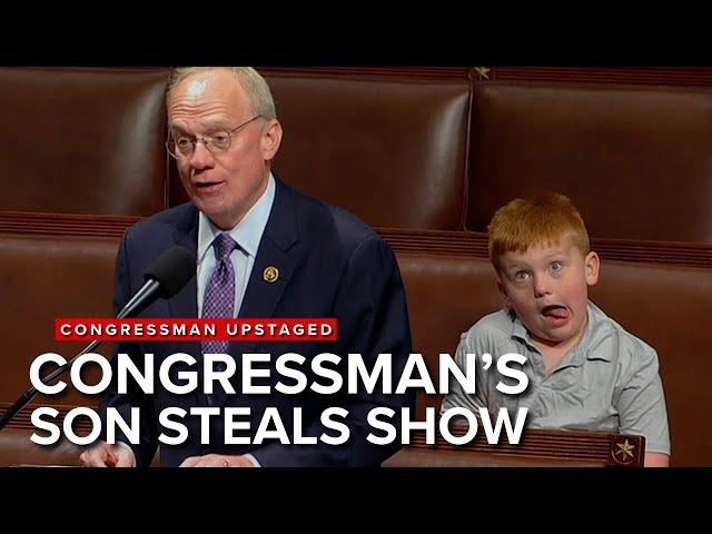 Unsuspecting congressman's speech upstaged by son's hilarious antics