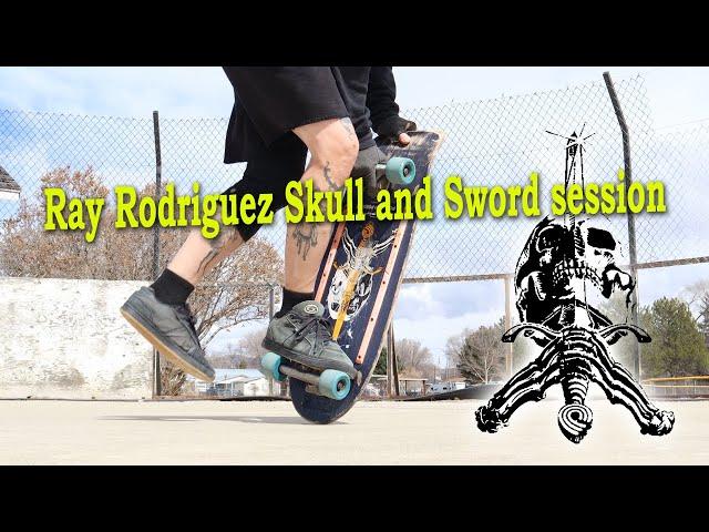 Ray BONES Rodriguez Skull and Sword skateboard session 80s deck shape