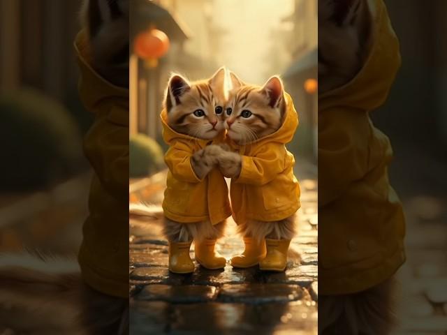 Meow Meow Sad Song in the Rain ️ Twin Kittens in Raincoats
