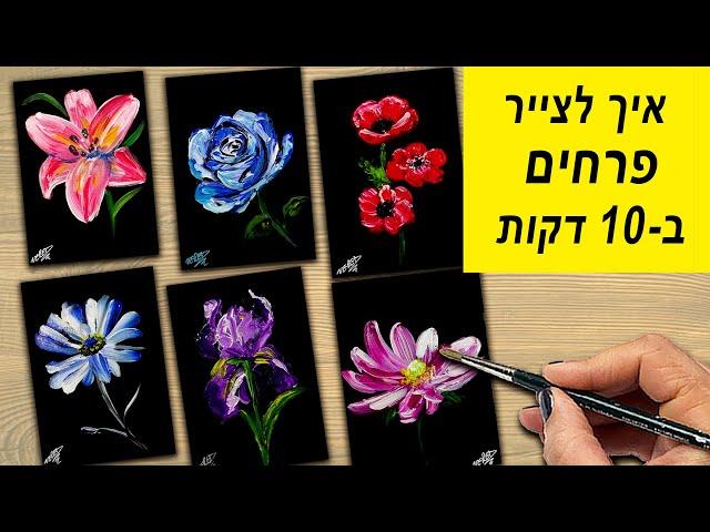 איך לצייר 6 פרחים בקלות בצבעי אקריליק- שיעור ציור למתחילים עם הסבר בעברית -ציור ב10 דקות