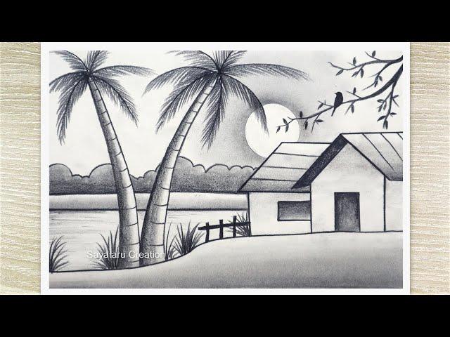 How to draw Sunset Scenery with Pencil Shading, Pencil Drawing for beginners