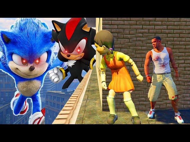 Franklin play HIDE AND KILL with Squid Game Doll & SONIC In GTA 5...