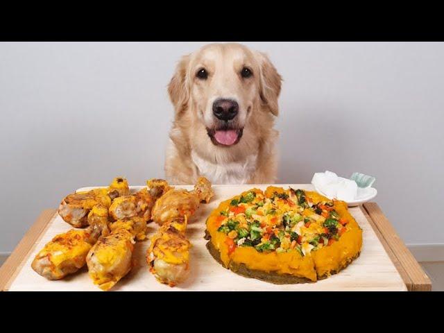 Dog Pizza Chicken Mukbang ASMR /Golden Retriever DD Food Review