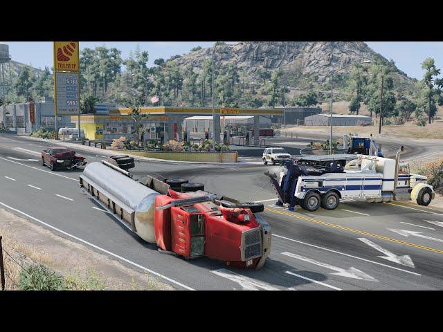 Pickup crashes and flips a loaded tanker truck / Crash and recovery