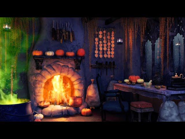 Witchy House Ambience | Bubbling Cauldron, Crackling Fire, Rain on Window