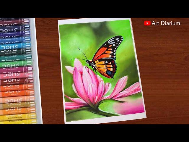 Butterfly on Flower Drawing with Oil Pastel Step-by-Step