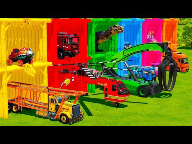 TRANSPORTING MODEL CARS, EMERGENCY VEHICLES & DINOSAUR WITH BIG TRUCKS! Farming Simulator 22