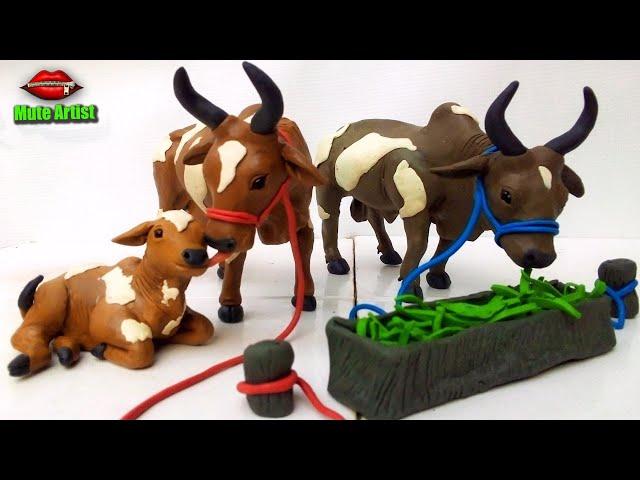 Sculpting clay: Making Cow Family with clay | Clay Animals Art | Making Cow Family With Clay |