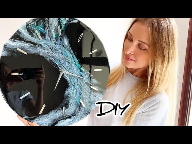 Epoxy resin wall clock idea. Black with turquoise. DIY. Resin Art.