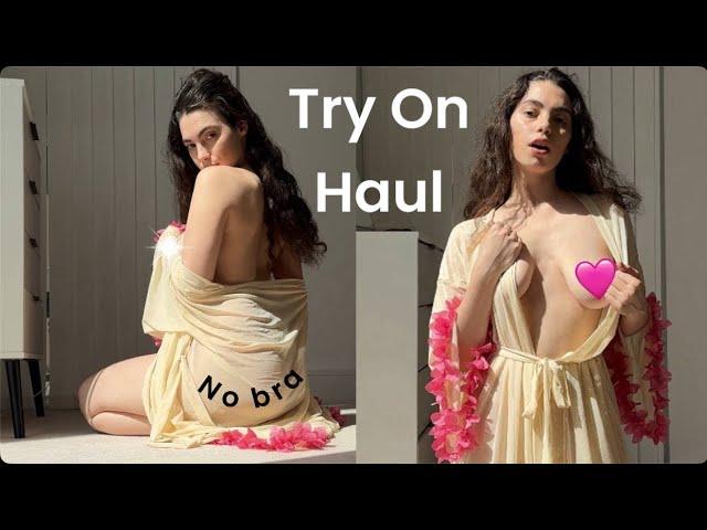 Try-On Haul transparent Robe | 4k | beige robe | See through & no bra