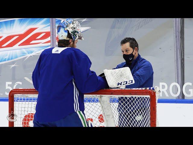 Thatcher Demko and Braden Holtby With Goaltending Coach Ian Clark