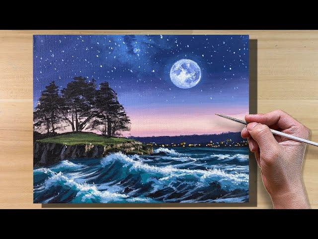 Acrylic Painting Moonlight Waves / Correa Art