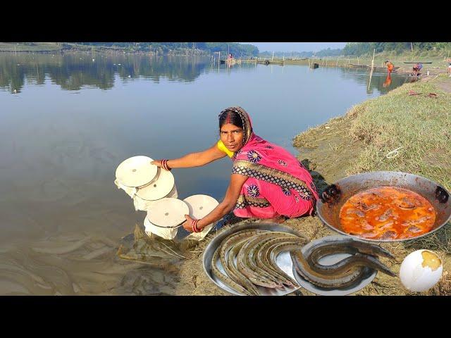 Big bami fish catching by river! New fishing technique in village,Fish curry cooking&eating in river