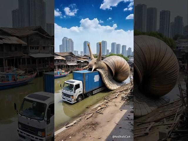 Evolution of a container truck almost eaten by a giant snail into a dancing dinosaur doll