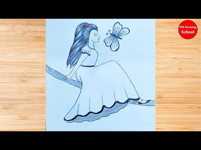 Girl Drawing with Butterfly | New Drawing Tutorial by FM Drawing School | Pencil Drawing Easily |