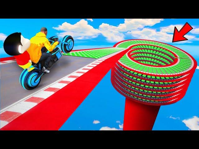 FRANKLIN AND SHINCHAN TRIED THE SPIRAL SPEED BOOSTER ROAD PARKOUR CHALLENGE BY BIKES & CARS IN GTA 5