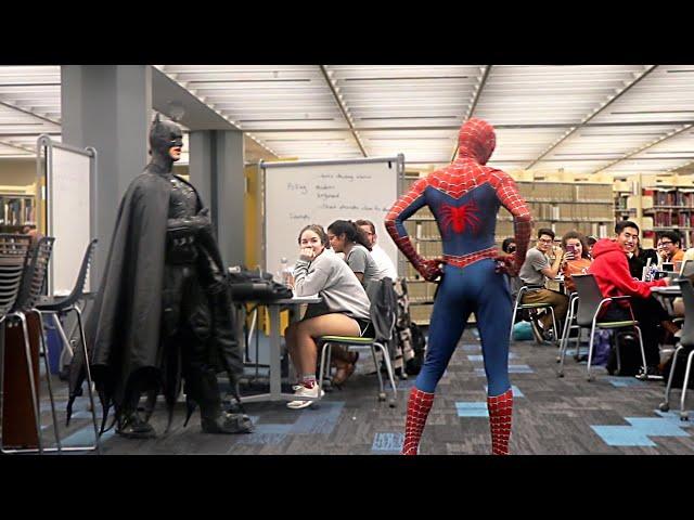 Spiderman and Batman go to the Library Prank!