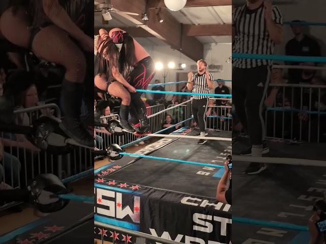 Kyle Fletcher hits brain buster on Skye Blue at Chicago Style Wrestling