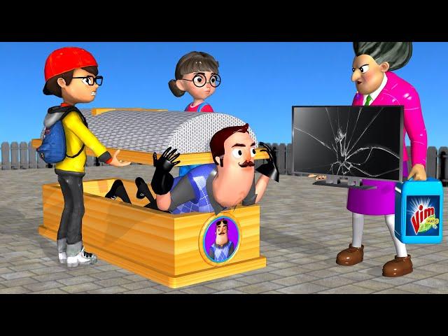 Scary Teacher 3D Nick Troll Hello Neighbor with Broken TV and Cleaning Water in Miss T's New House