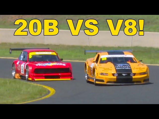 Rotary Vs Piston BATTLE  - 20B Fiat 124 Coupe hounds Trans AM V8 Mustang