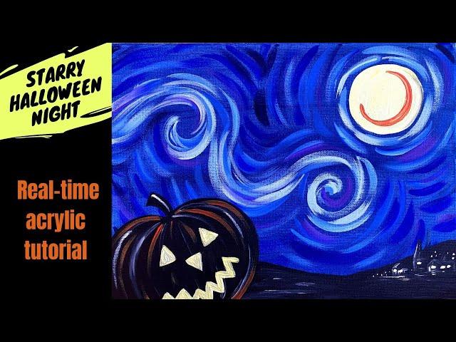 E87 - 'Starry Halloween Night' Easy Halloween acrylic painting tutorial Starry Night jack-o-lantern