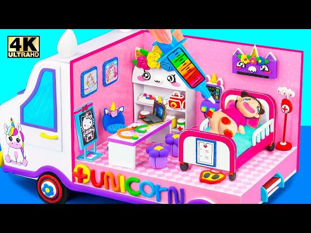 Make Cute Purple Unicorn Ambulance Hospital, DIY Doctor Play Set from Polymer Clay, Cardboard