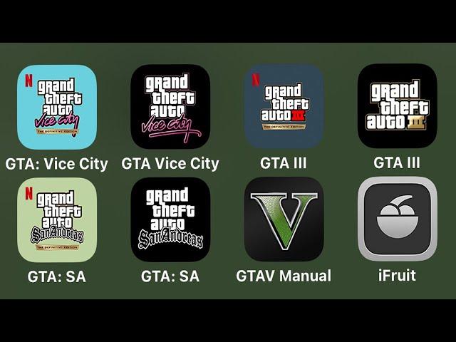 GTA Mobile iPad:GTA: Vice City (Definitive Edition),GTA 3,Grand Theft Auto San Andreas,GTA V Manual