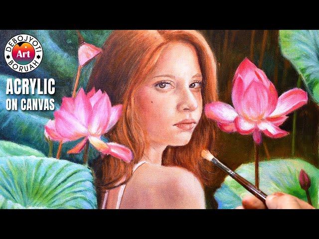 Realistic ACRYLIC PORTRAIT PAINTING TUTORIAL Real-Time Girl & Flower Painting by Debojyoti Boruah