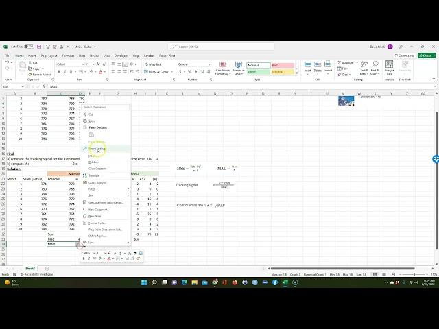 Use Excel to calculate MSE, MAD, SSE, tracking signal, and control limits on forecasts.