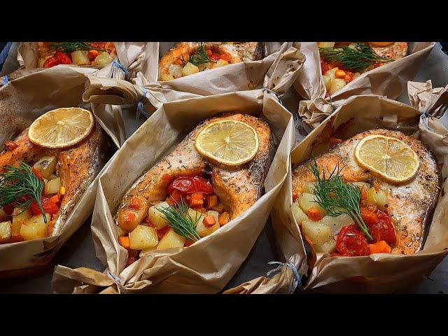 TROUT STEAK baked with vegetables in the oven