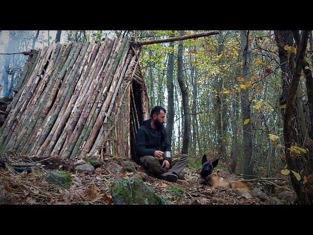 Bushcraft Camp: Fireplace inside, Primitive Shelter Build with Hand Tools, Log Cabin, Wild Camping