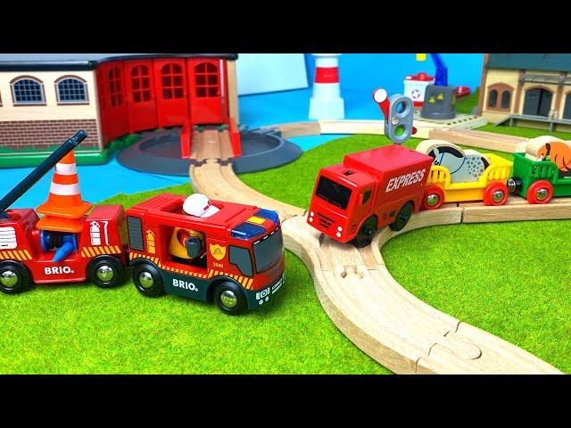 Wooden railway brio train for kids, locomotive, fire truck