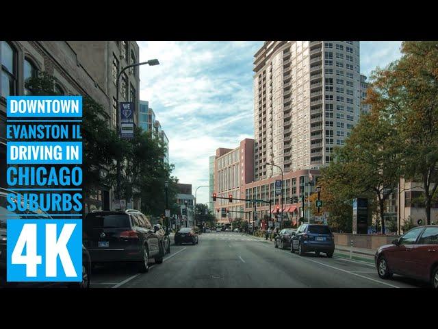 Downtown Evanston IL: Driving in Chicago suburbs:  4K:  Downtowns of the Americas