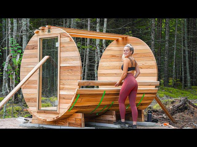 Building Wood Fired Barrel Sauna At Off- Grid Cabin In The Woods ASMR